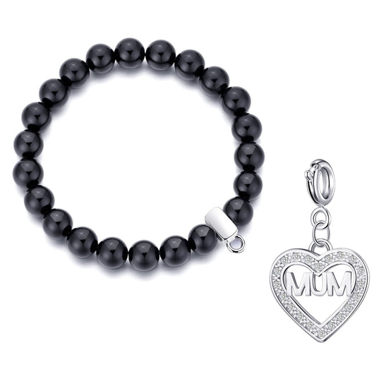 Black Onyx Gemstone Stretch Bracelet with Charm Created with Zircondia® Crystals - Philip Jones Jewellery
