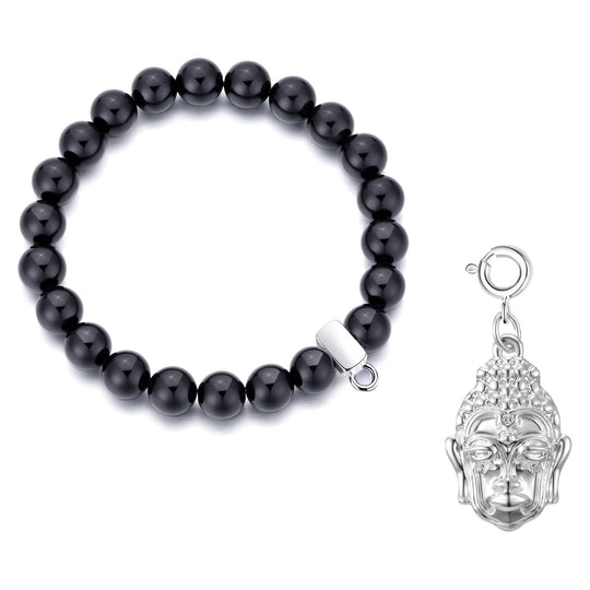 Black Onyx Gemstone Stretch Bracelet with Charm Created with Zircondia® Crystals - Philip Jones Jewellery