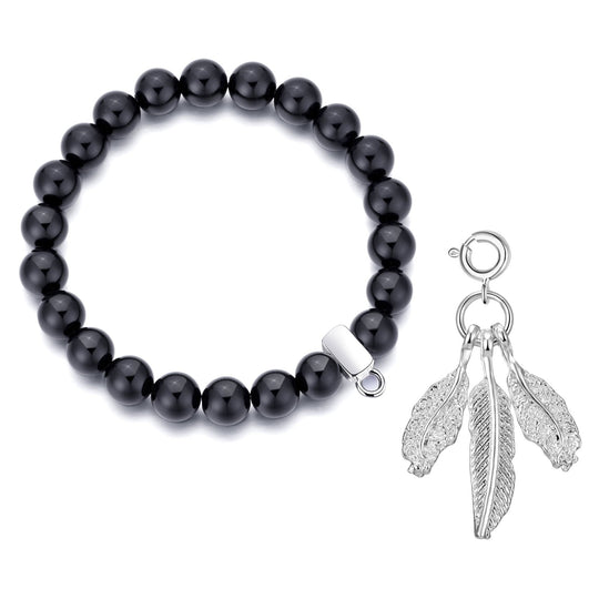 Black Onyx Gemstone Stretch Bracelet with Charm Created with Zircondia® Crystals - Philip Jones Jewellery