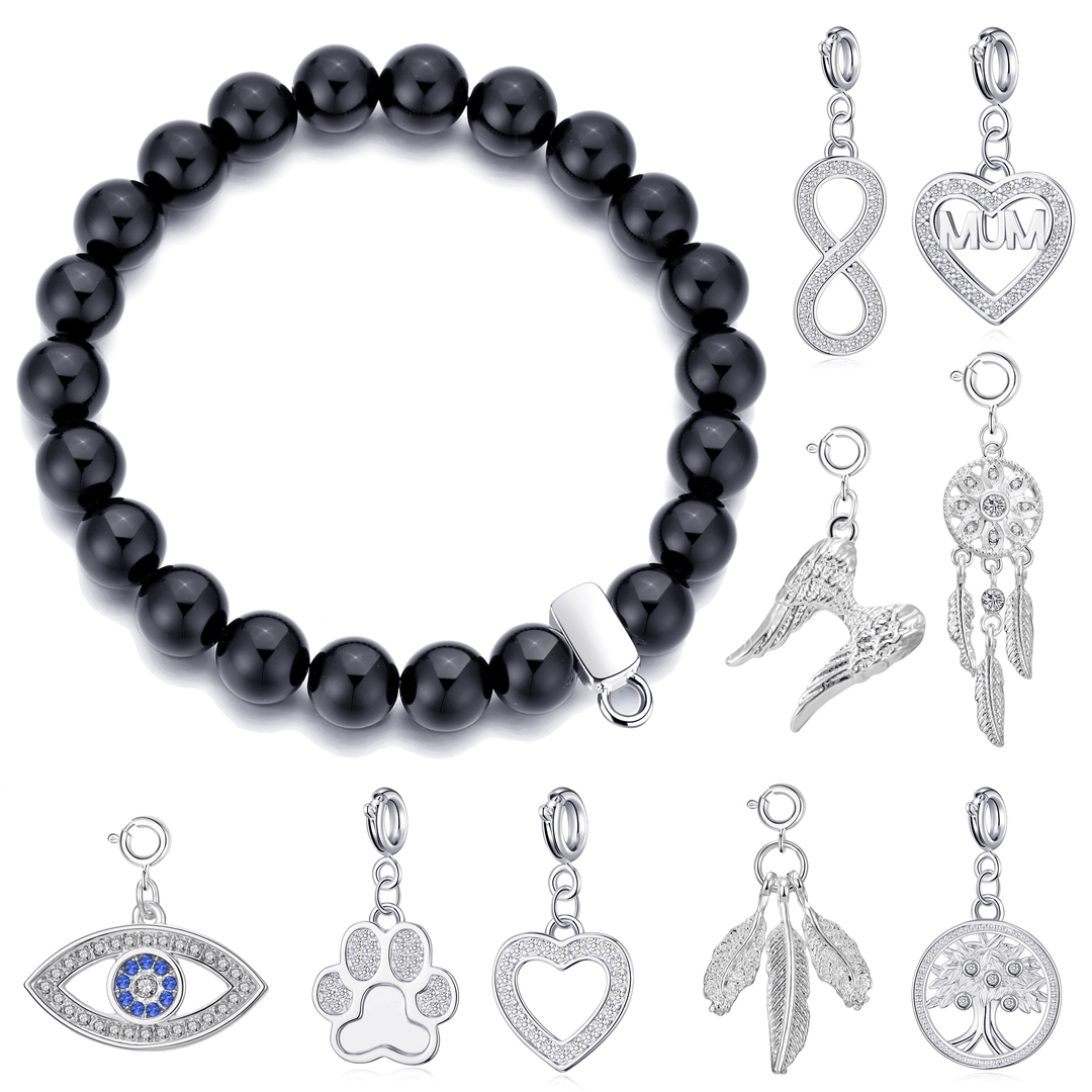 Black Onyx Gemstone Stretch Bracelet with Charm Created with Zircondia® Crystals - Philip Jones Jewellery