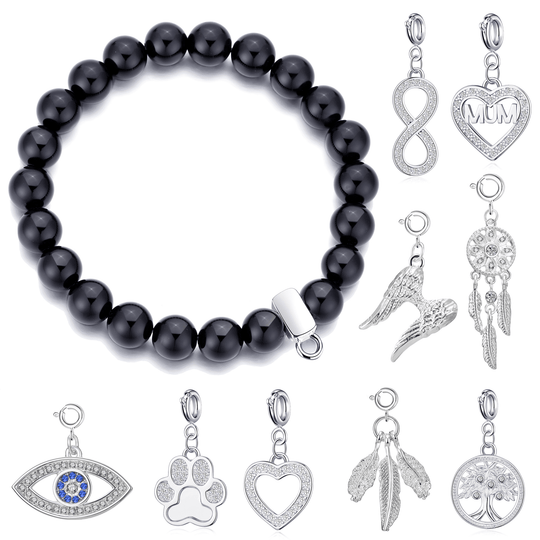 Black Onyx Gemstone Stretch Bracelet with Charm Created with Zircondia® Crystals - Philip Jones Jewellery