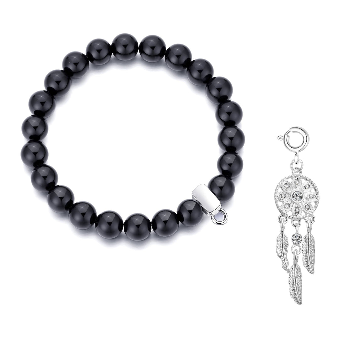 Black Onyx Gemstone Stretch Bracelet with Charm Created with Zircondia® Crystals - Philip Jones Jewellery