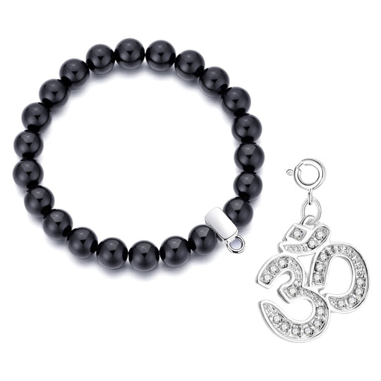 Black Onyx Gemstone Stretch Bracelet with Charm Created with Zircondia® Crystals - Philip Jones Jewellery