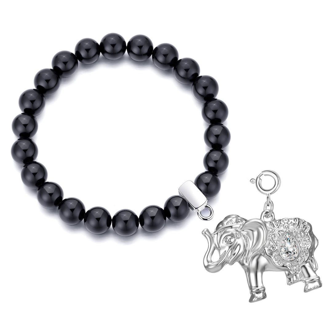 Black Onyx Gemstone Stretch Bracelet with Charm Created with Zircondia® Crystals - Philip Jones Jewellery