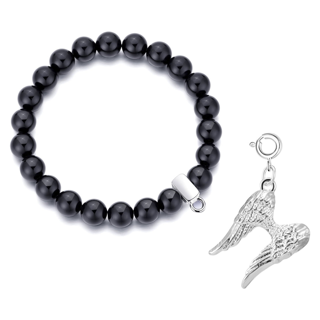 Black Onyx Gemstone Stretch Bracelet with Charm Created with Zircondia® Crystals - Philip Jones Jewellery