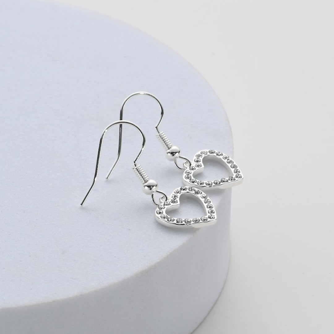 Silver Plated Open Heart Drop Earrings Created with Zircondia® Crystals Video