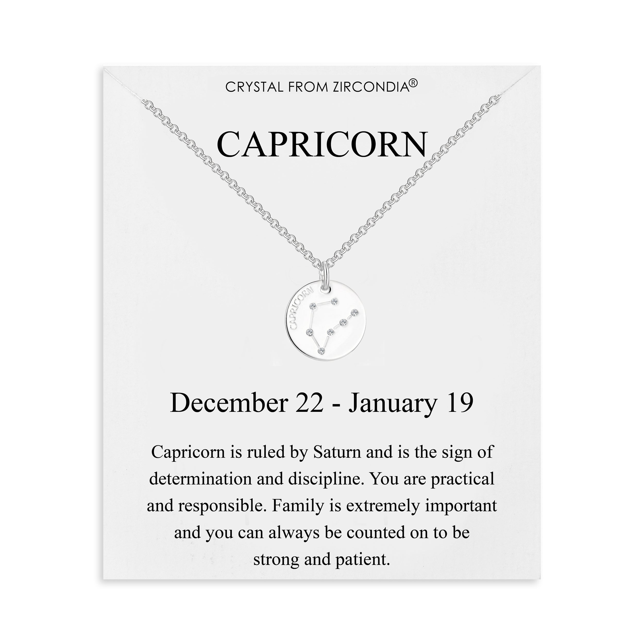 Capricorn Zodiac Star Sign Disc Necklace Created with Zircondia® Crystals by Philip Jones Jewellery