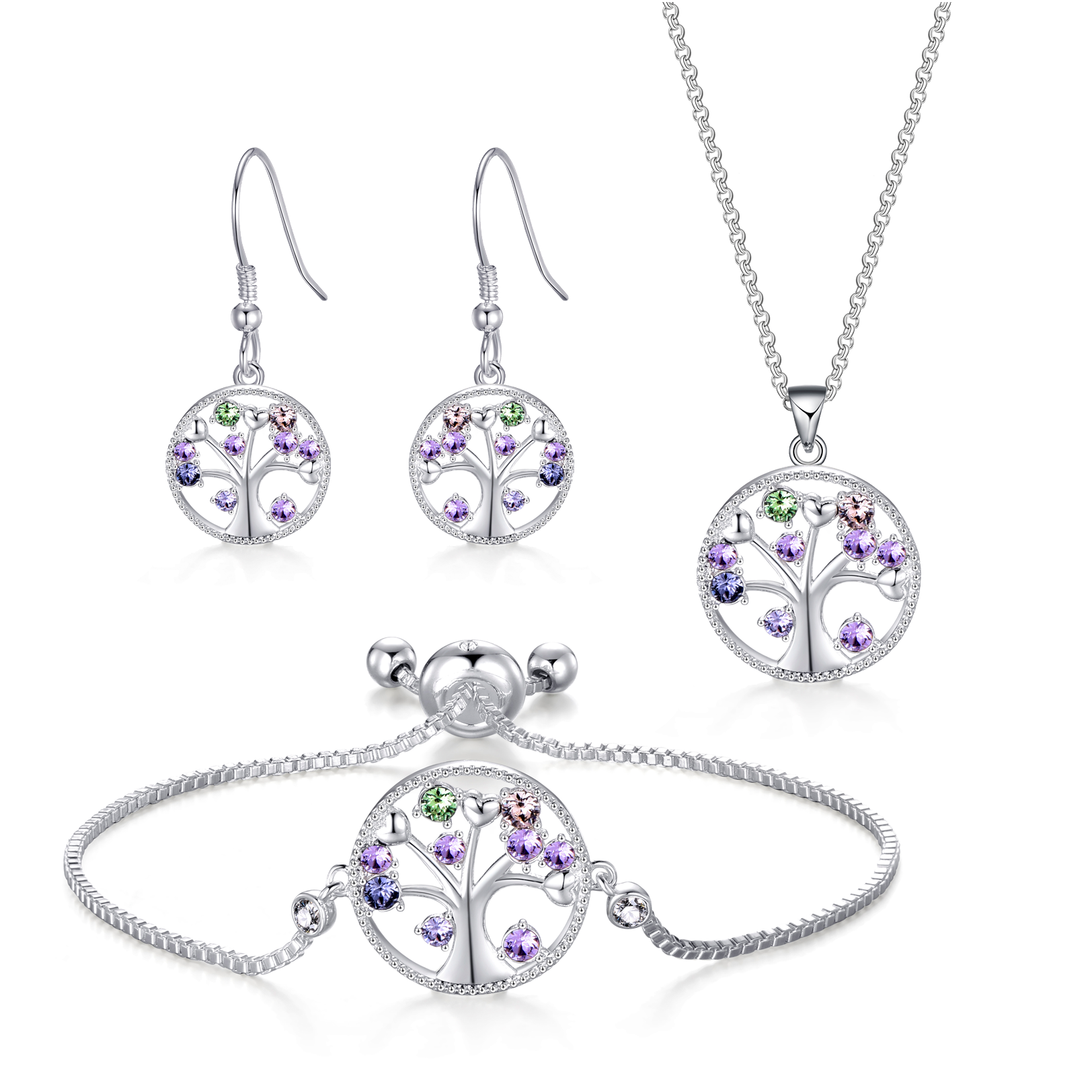 Silver Plated Chakra Tree of Life Set Created with Zircondia® Crystals by Philip Jones Jewellery