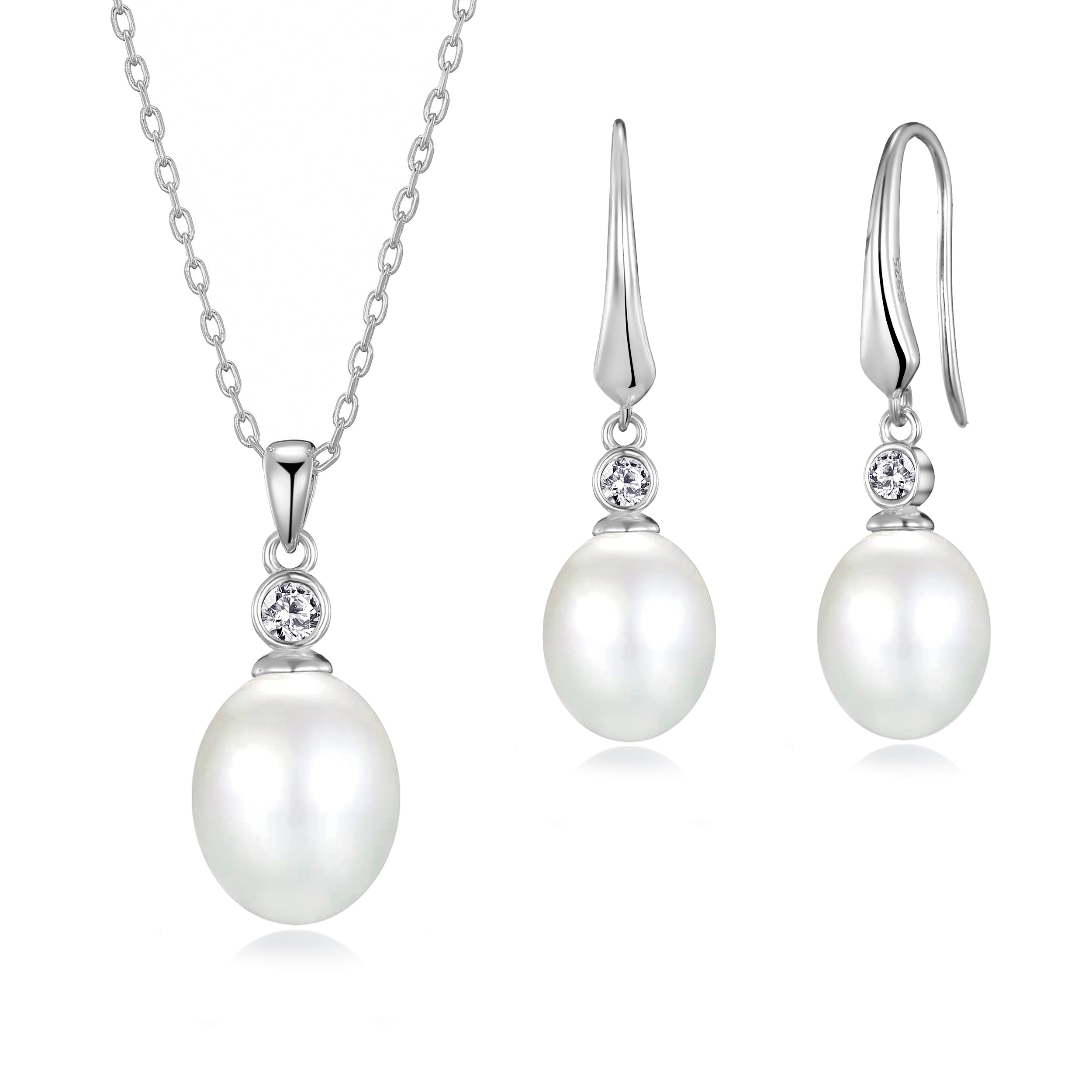 Sterling Silver White Pearl Drop Set Created with Zircondia® Crystals by Philip Jones Jewellery
