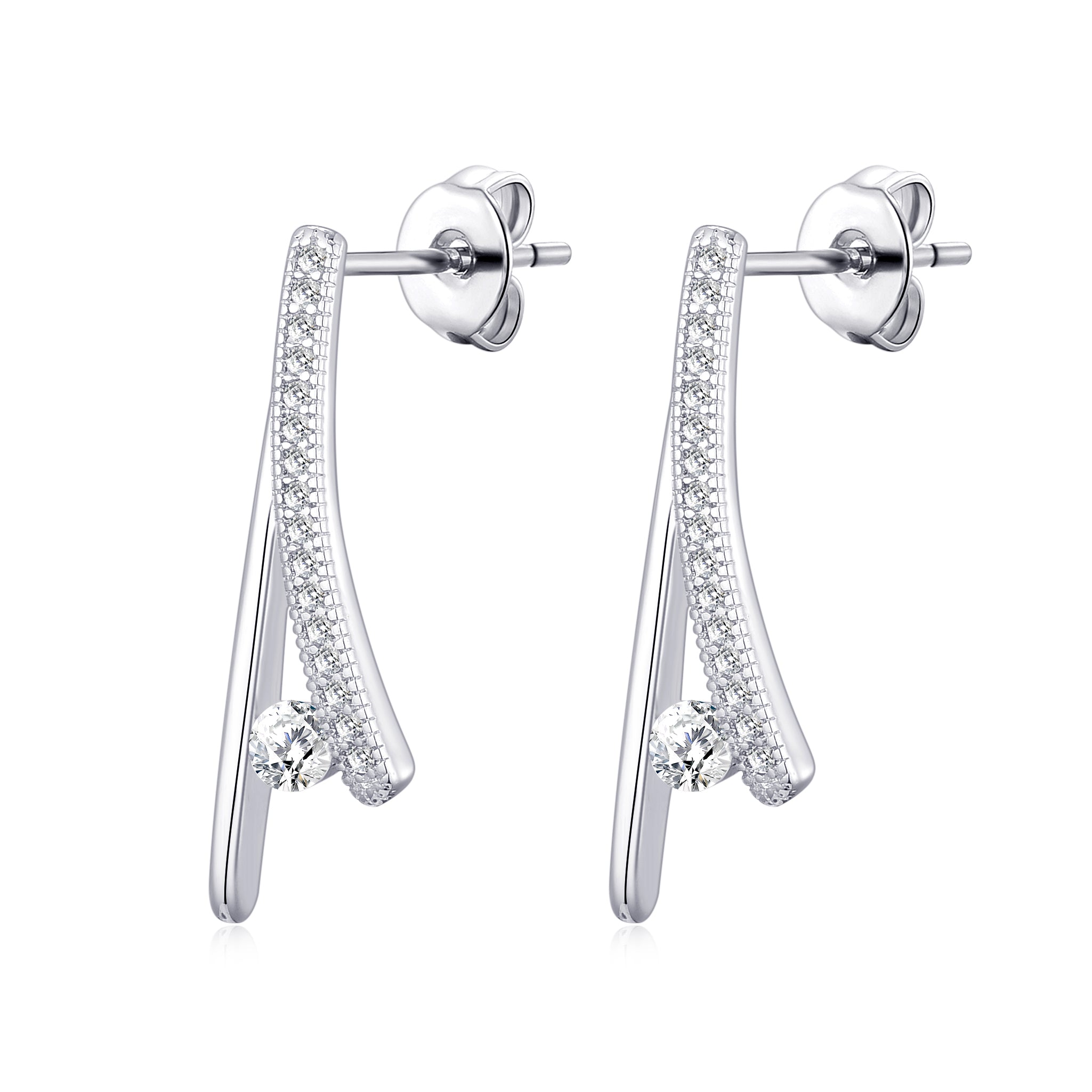 Silver Plated Curved Bar Earrings Created with Zircondia® Crystals by Philip Jones Jewellery