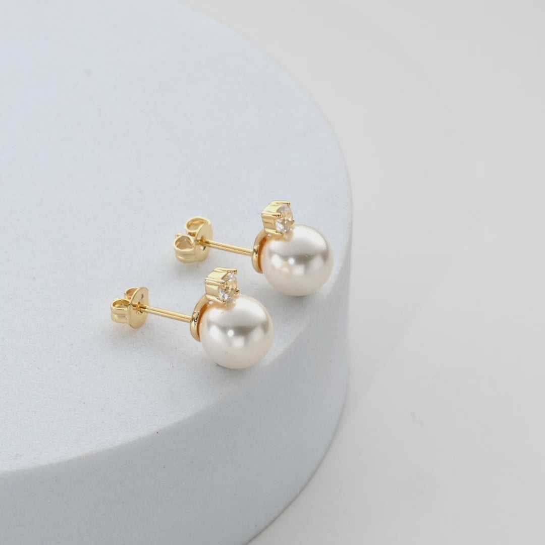 Gold Plated Round Shell Pearl Earrings Created with Zircondia® Crystals Video