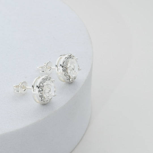 Silver Plated Halo Earrings Created with Zircondia® Crystals Video