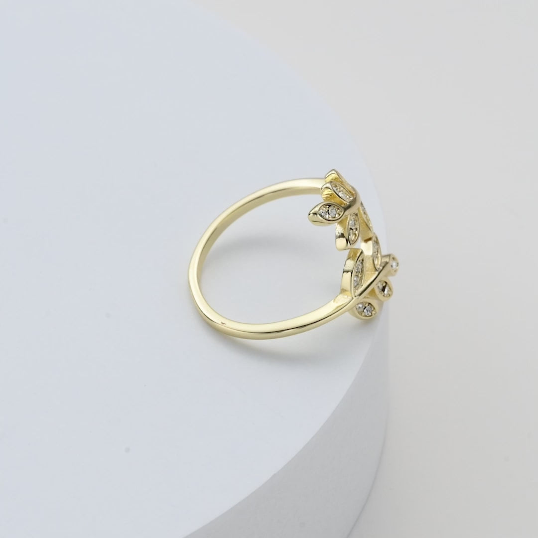 Gold Plated Adjustable Leaf Ring Created with Zircondia® Crystals Video