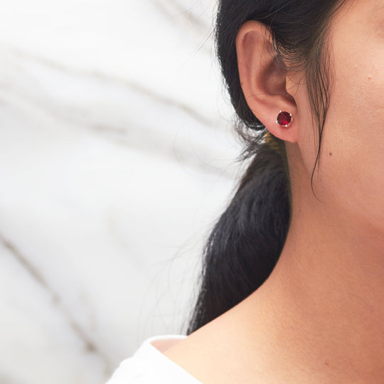Dark Red Stud Earrings Created with Zircondia® Crystals - Philip Jones Jewellery