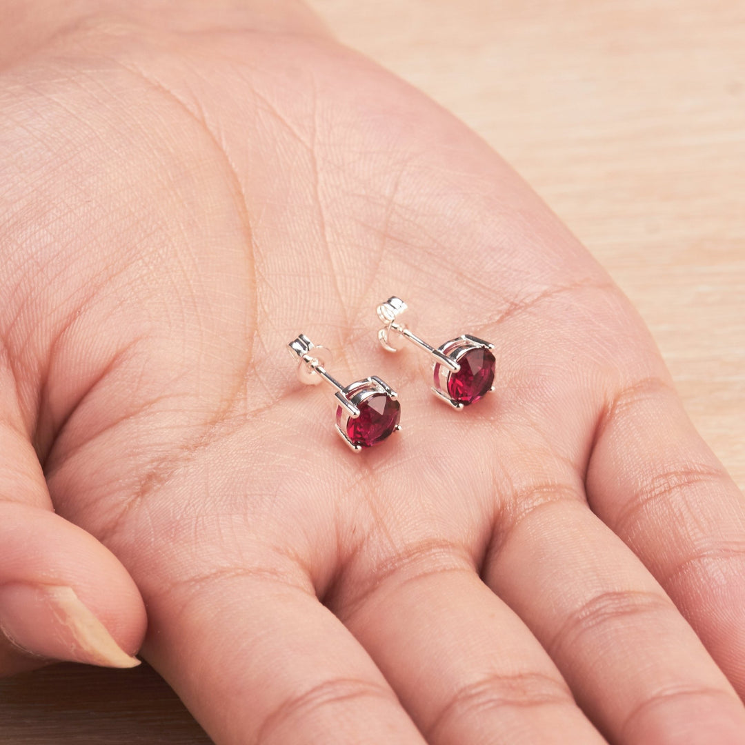 Dark Red Stud Earrings Created with Zircondia® Crystals - Philip Jones Jewellery
