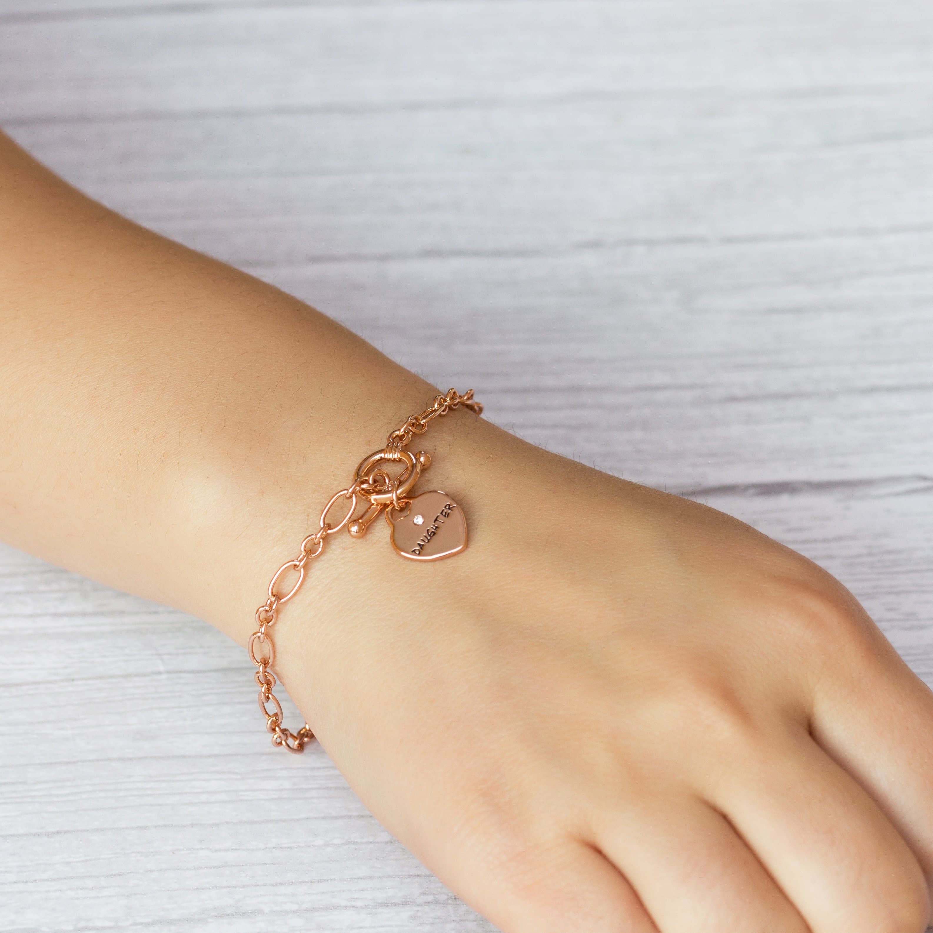 Rose Gold Plated Daughter Charm Bracelet Created with Zircondia® Crystals