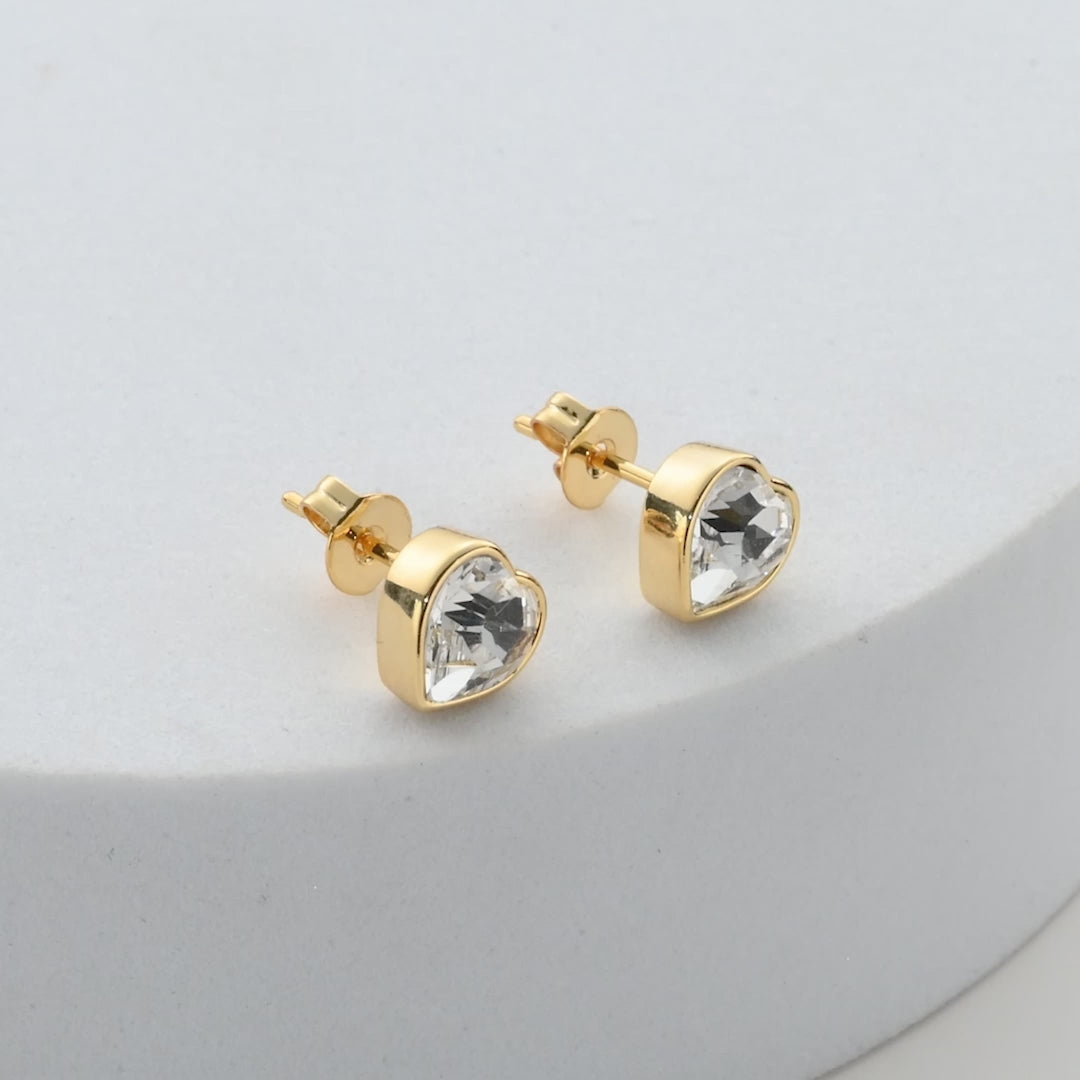 Gold Plated Bezel set Heart Earrings Created with Zircondia® Crystals Video