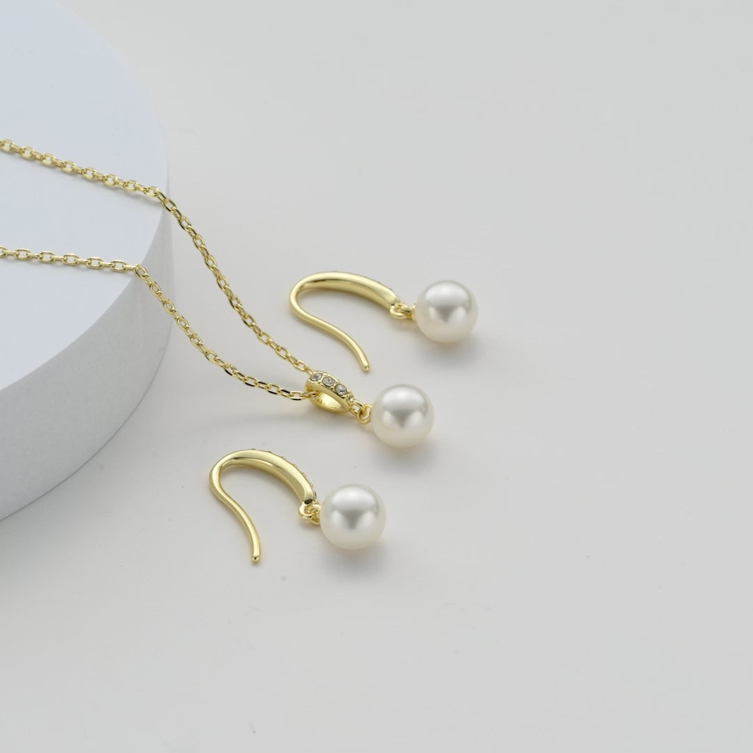 Gold Plated Pearl Drop Set Created with Zircondia® Crystals Video