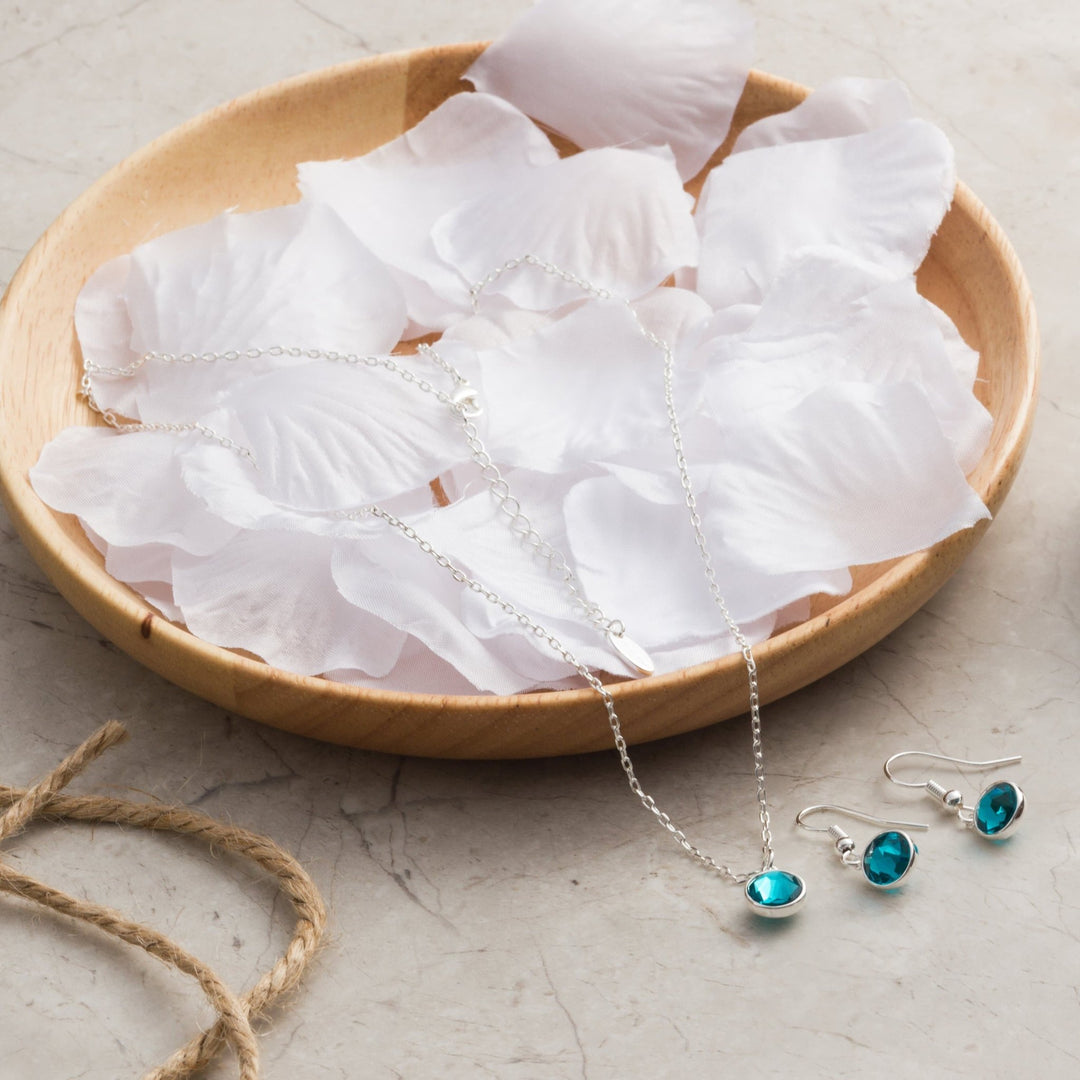 December (Blue Topaz) Birthstone Necklace & Drop Earrings Set Created with Zircondia® Crystals - Philip Jones Jewellery