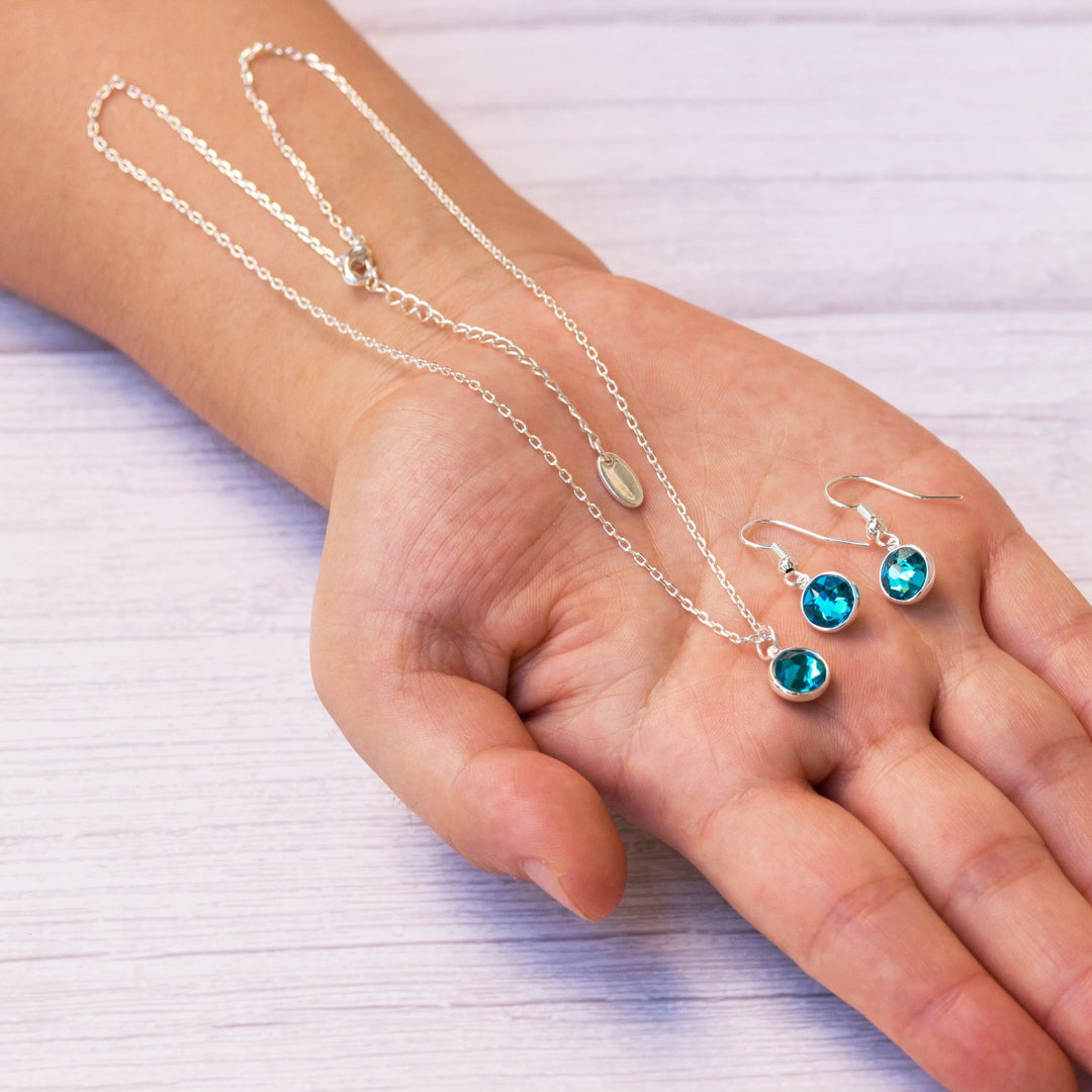 December (Blue Topaz) Birthstone Necklace & Drop Earrings Set Created with Zircondia® Crystals - Philip Jones Jewellery