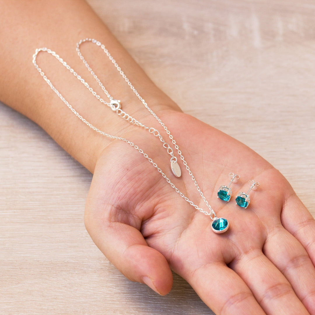 December (Blue Topaz) Birthstone Necklace & Earrings Set Created with Zircondia® Crystals - Philip Jones Jewellery