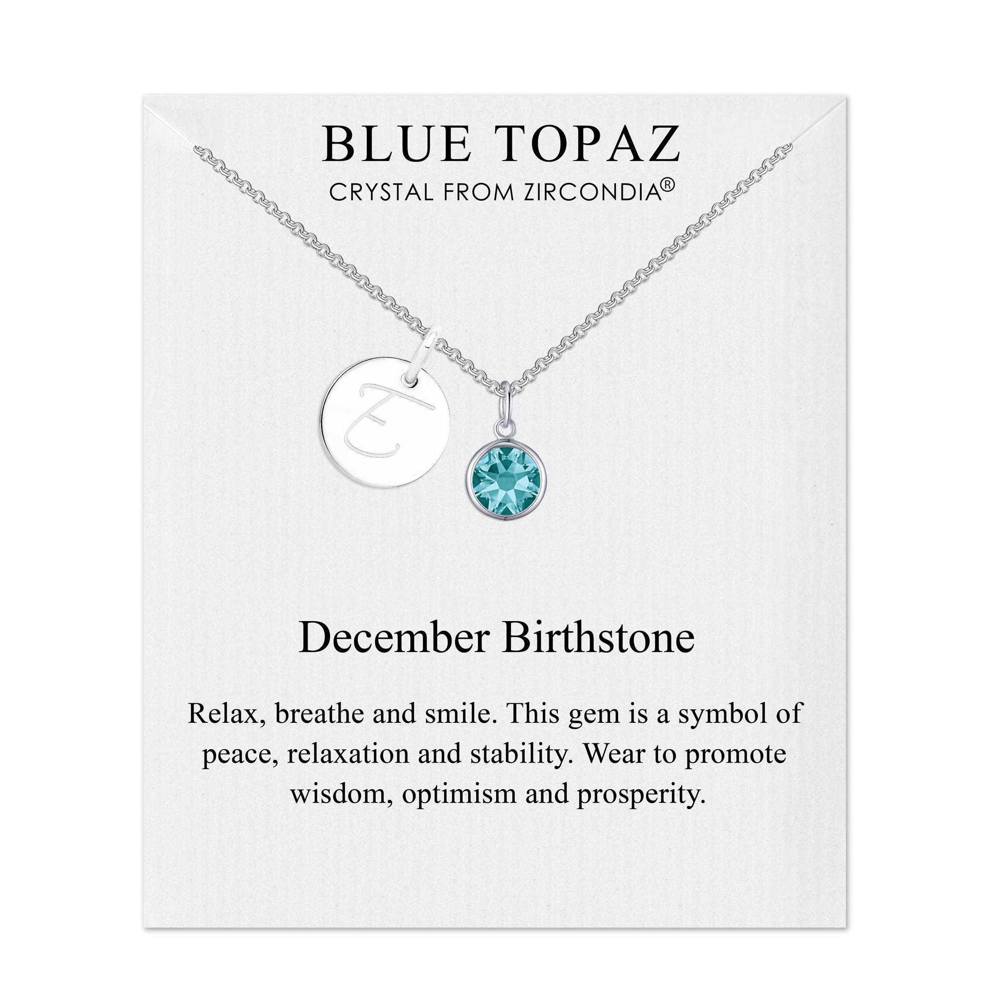 December (Blue Topaz) Birthstone Necklace with Initial Charm (A to Z) Created with Zircondia® Crystals - Philip Jones Jewellery