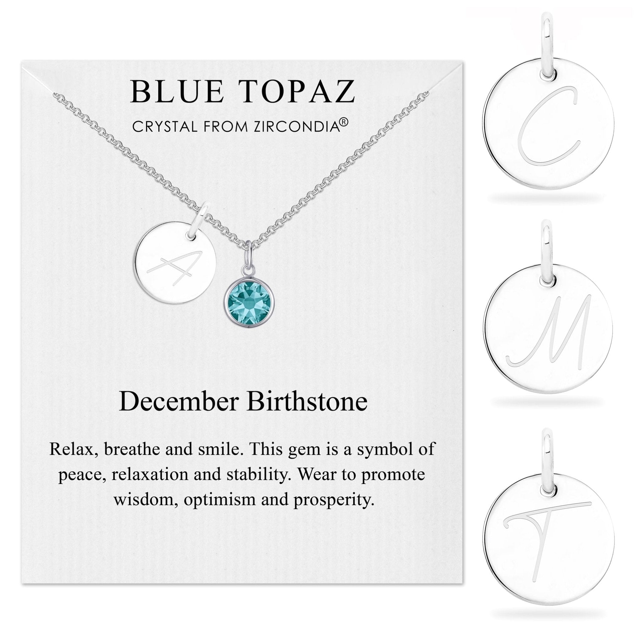 December (Blue Topaz) Birthstone Necklace with Initial Charm (A to Z) Created with Zircondia® Crystals - Philip Jones Jewellery