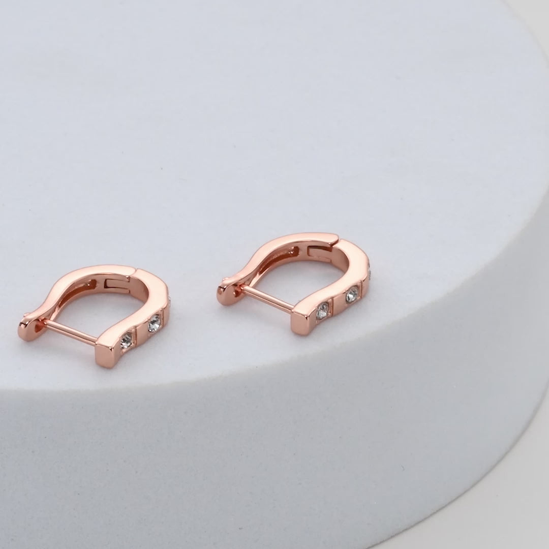 Rose Gold Plated Three Stone Hoop Earrings Created with Zircondia® Crystals Video