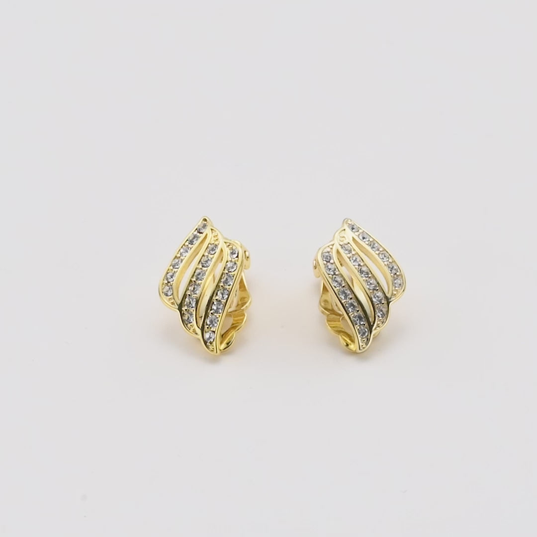 Gold Plated Triple Row Clip On Earrings Created with Zircondia® Crystals Video