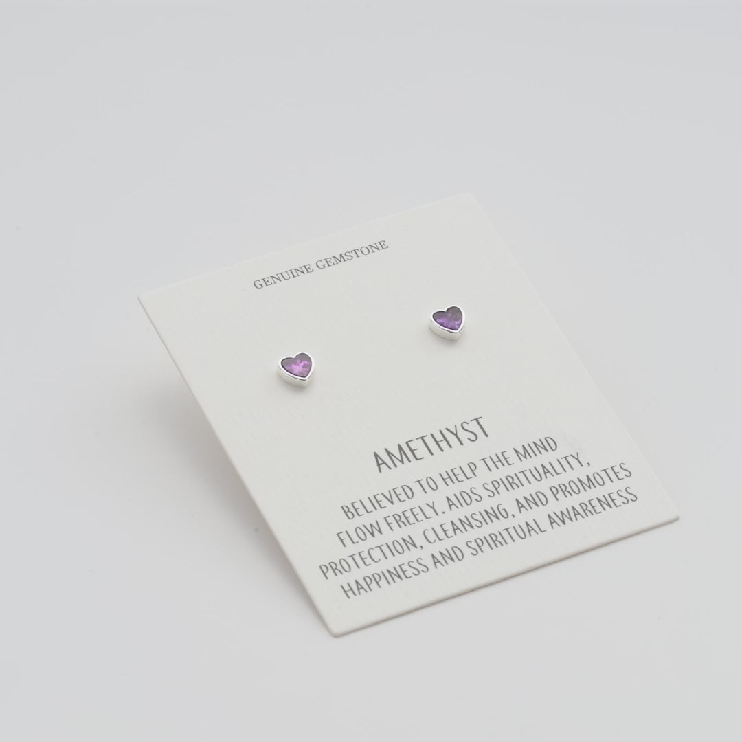 Amethyst Heart Stud Earrings with Quote Card Video