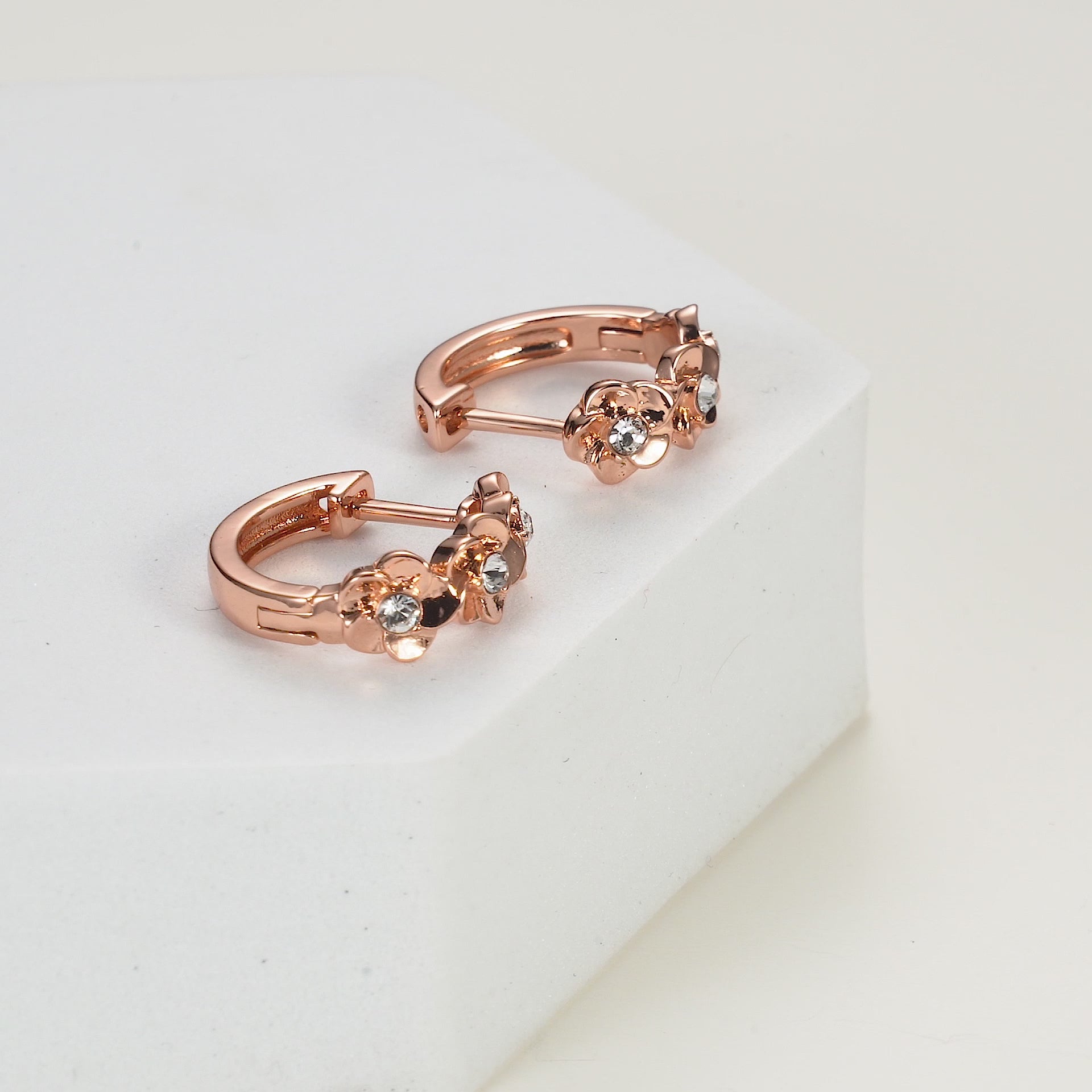 Rose Gold Plated Flower Hoop Earrings Created with Zircondia® Crystals Video