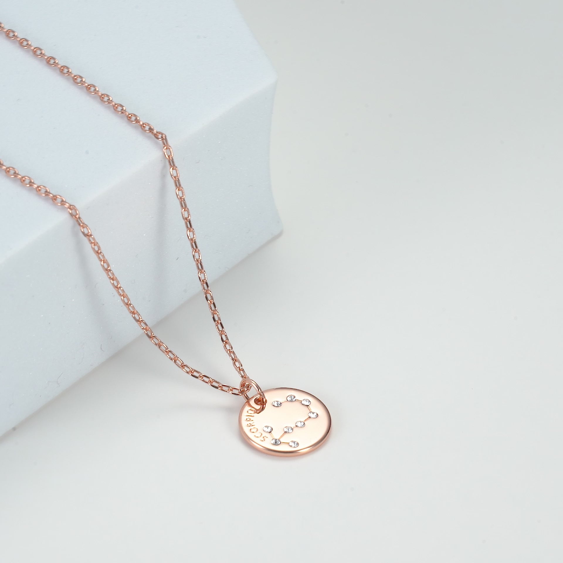 Rose Gold Plated Scorpio Zodiac Star Sign Disc Necklace Created with Zircondia® Crystals