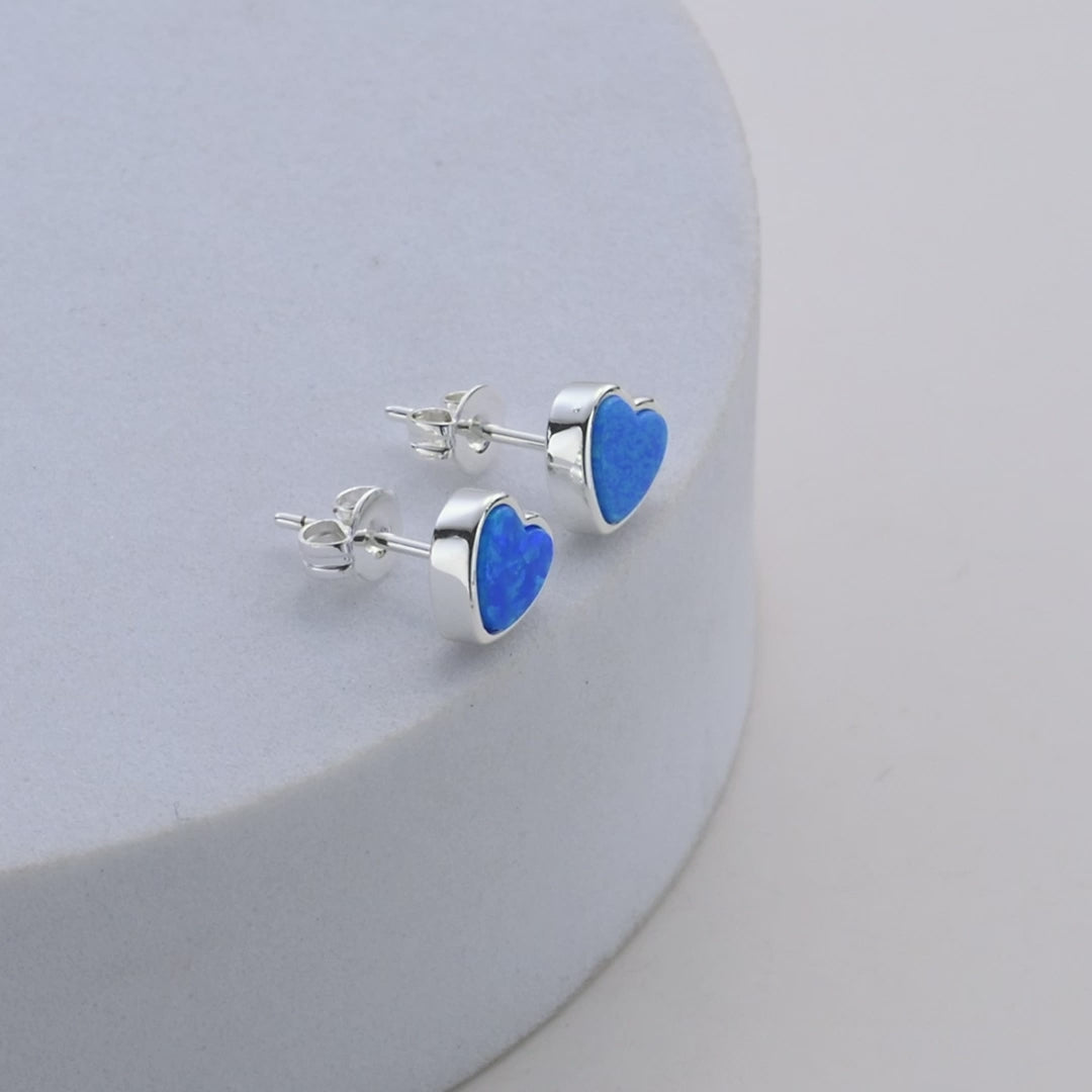 Synthetic Blue Opal Heart Stud Earrings Video