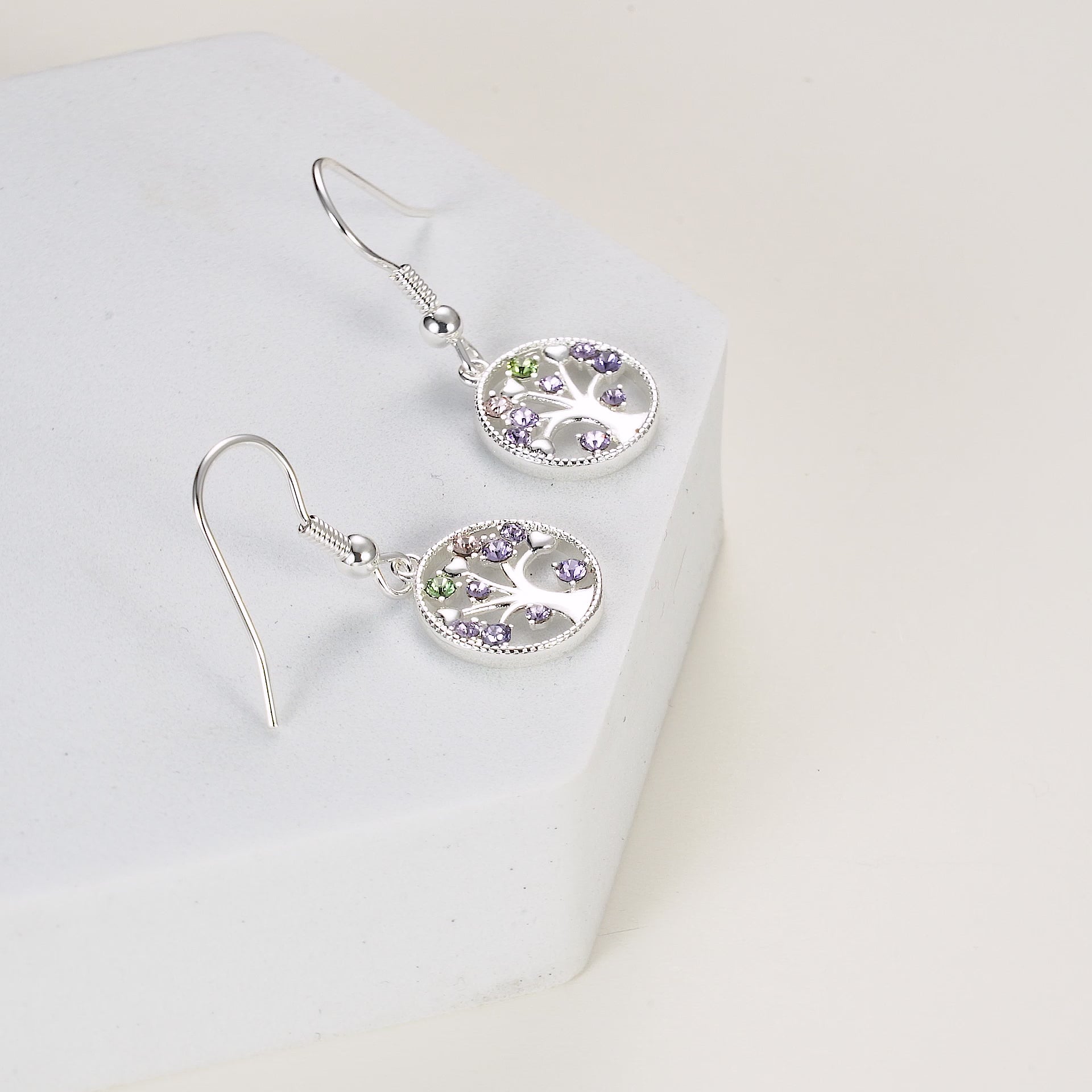 Silver Plated Chakra Tree of Life Drop Earrings Created with Crystals from Zircondia® Video