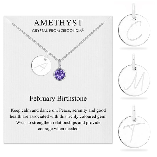 February (Amethyst) Birthstone Necklace with Initial Charm (A to Z) Created with Zircondia® Crystals - Philip Jones Jewellery