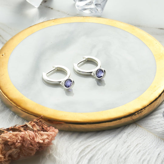 February Birthstone Hoop Earrings Created with Amethyst Zircondia® Crystals - Philip Jones Jewellery