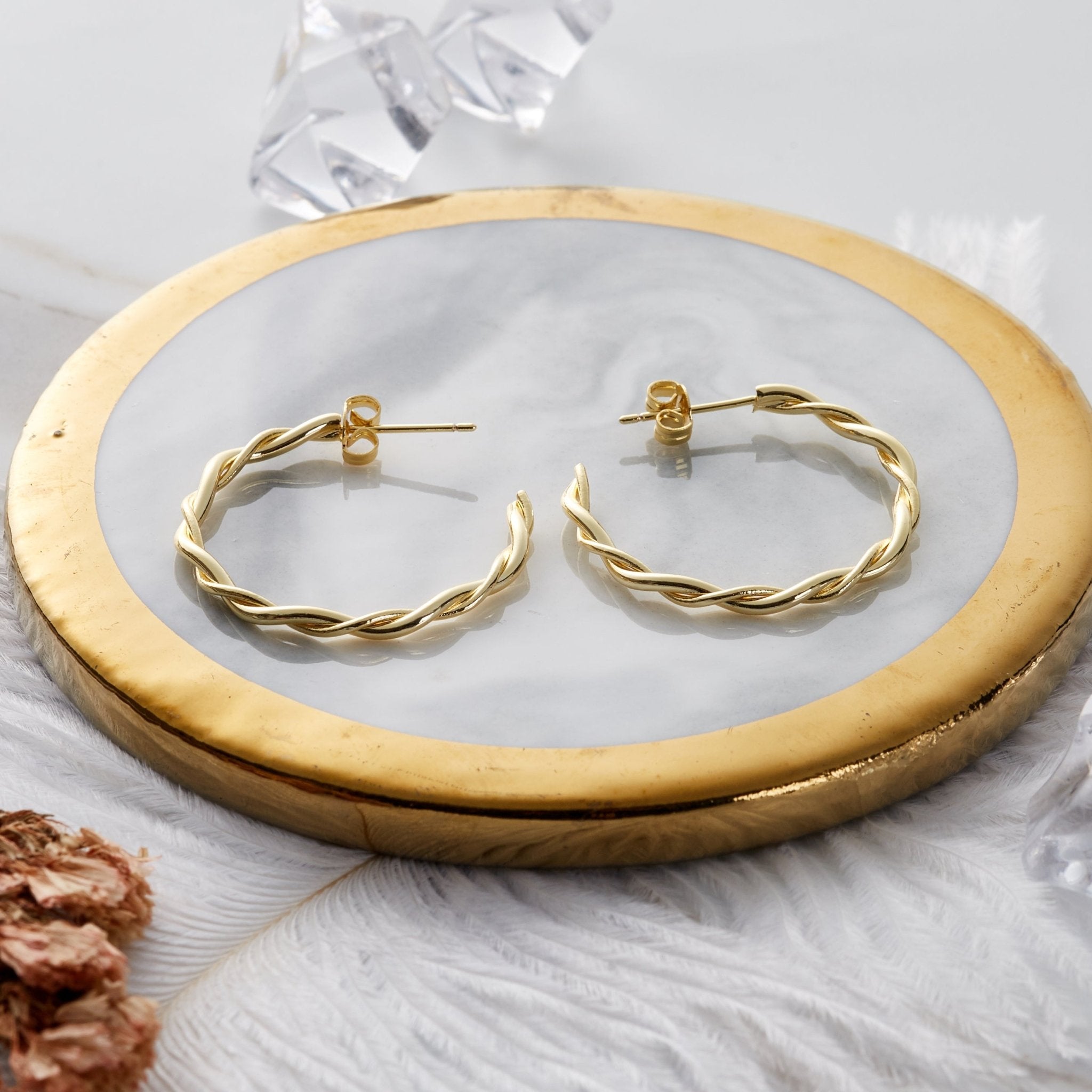 Gold Plated 30mm Twisted Hoop Earrings - Philip Jones Jewellery