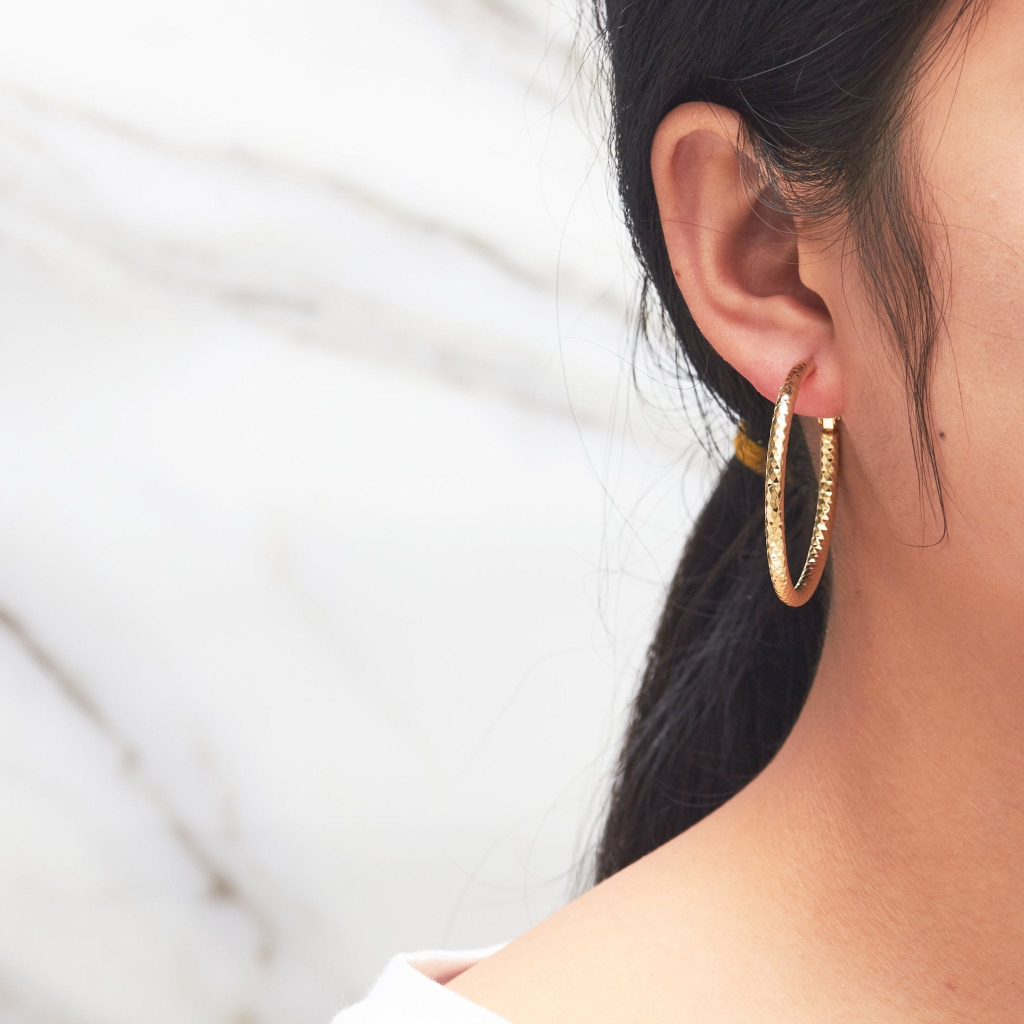 Gold Plated 40mm Diamond Cut Hoop Earrings - Philip Jones Jewellery