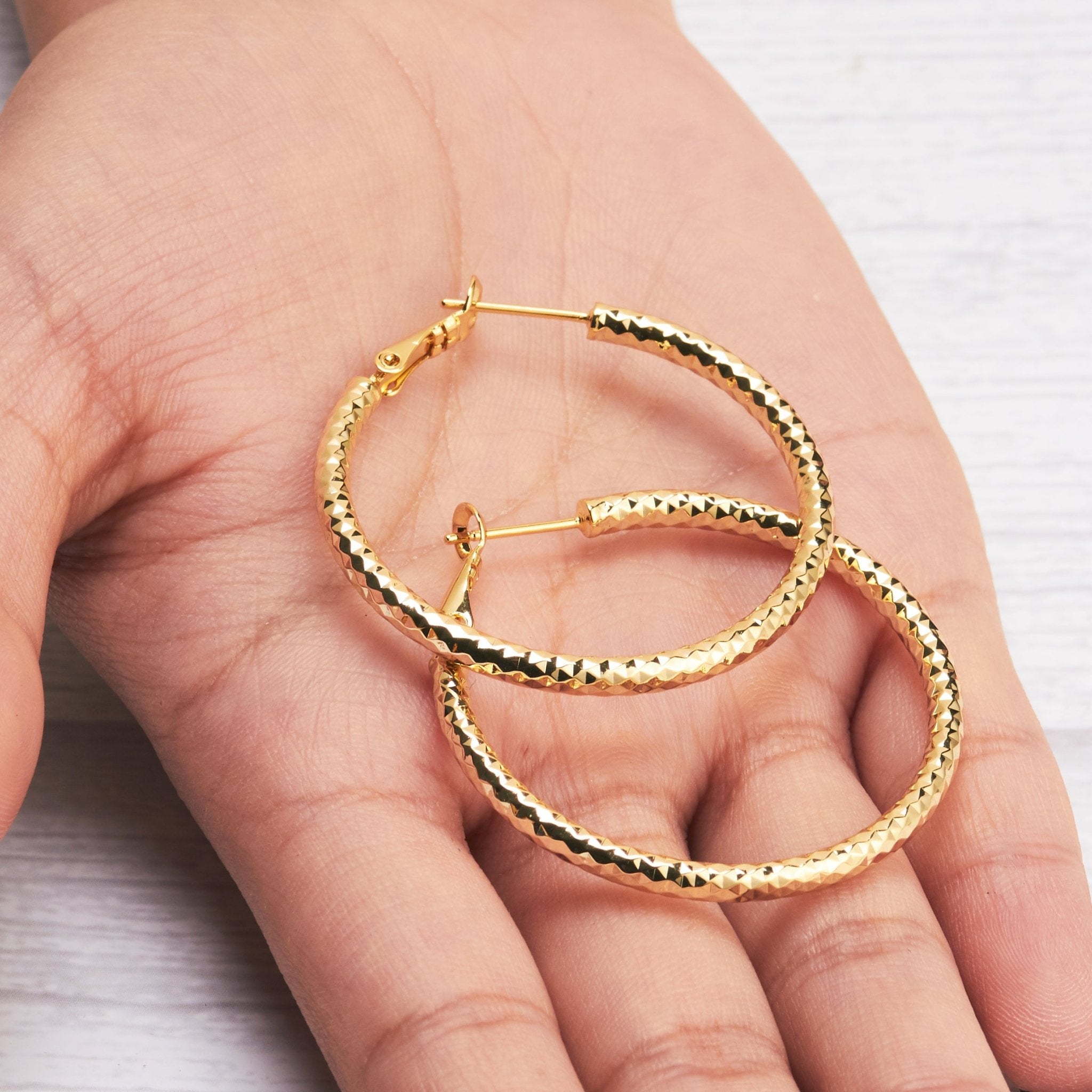 Gold Plated 40mm Diamond Cut Hoop Earrings - Philip Jones Jewellery