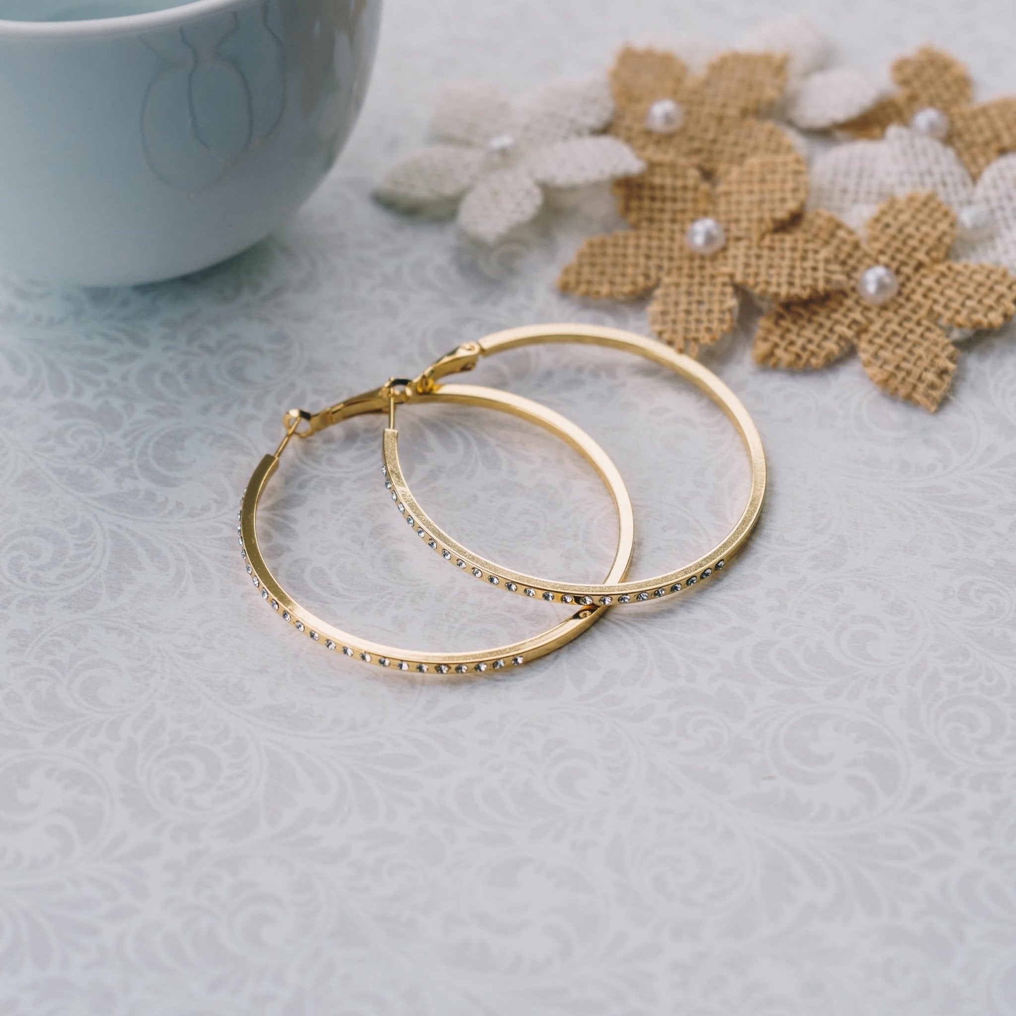 Gold Plated 50mm Hoop Earrings Created with Zircondia® Crystals - Philip Jones Jewellery