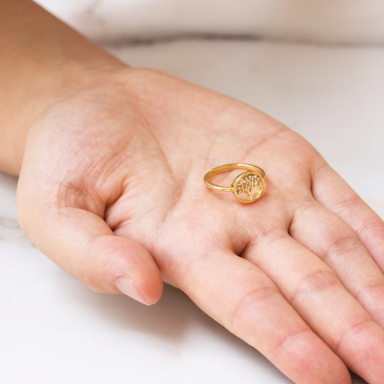 Gold Plated Adjustable Tree of Life Ring Created with Zircondia® Crystals - Philip Jones Jewellery