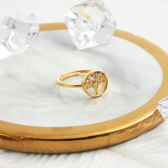 Gold Plated Adjustable Tree of Life Ring Created with Zircondia® Crystals - Philip Jones Jewellery