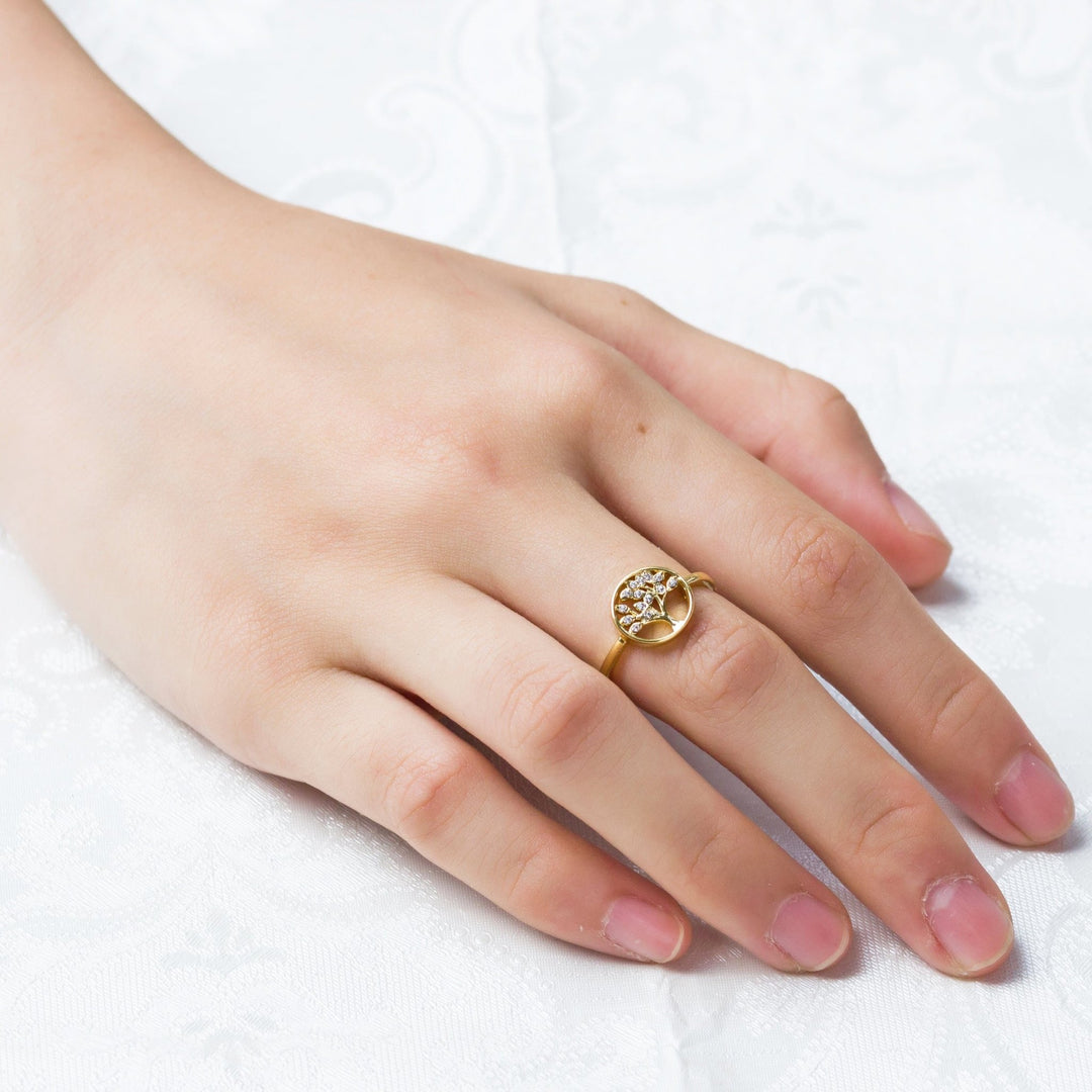 Gold Plated Adjustable Tree of Life Ring Created with Zircondia® Crystals - Philip Jones Jewellery