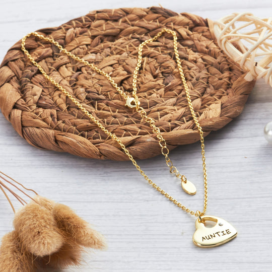 Gold Plated Auntie Heart Necklace Created with Zircondia® Crystals - Philip Jones Jewellery