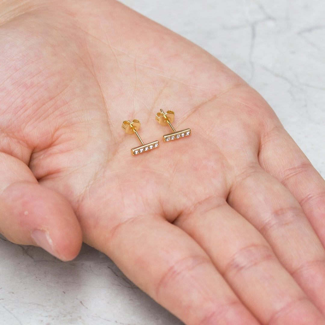 Gold Plated Bar Earrings Created with Zircondia® Crystals - Philip Jones Jewellery