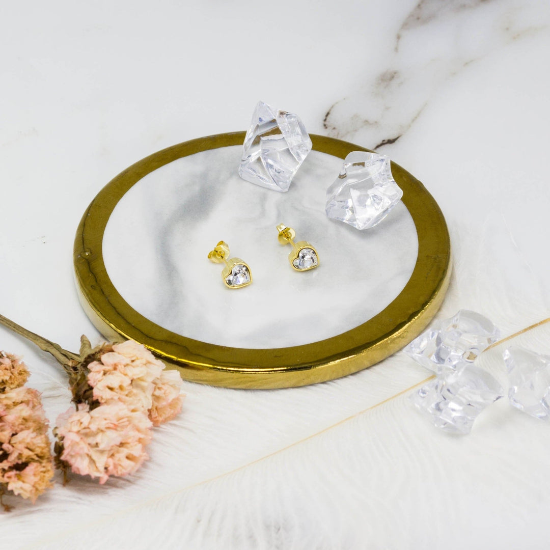 Gold Plated Bezel set Heart Earrings Created with Zircondia® Crystals - Philip Jones Jewellery