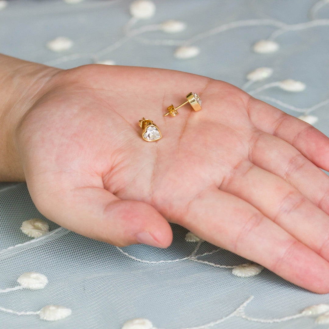 Gold Plated Bezel set Heart Earrings Created with Zircondia® Crystals - Philip Jones Jewellery