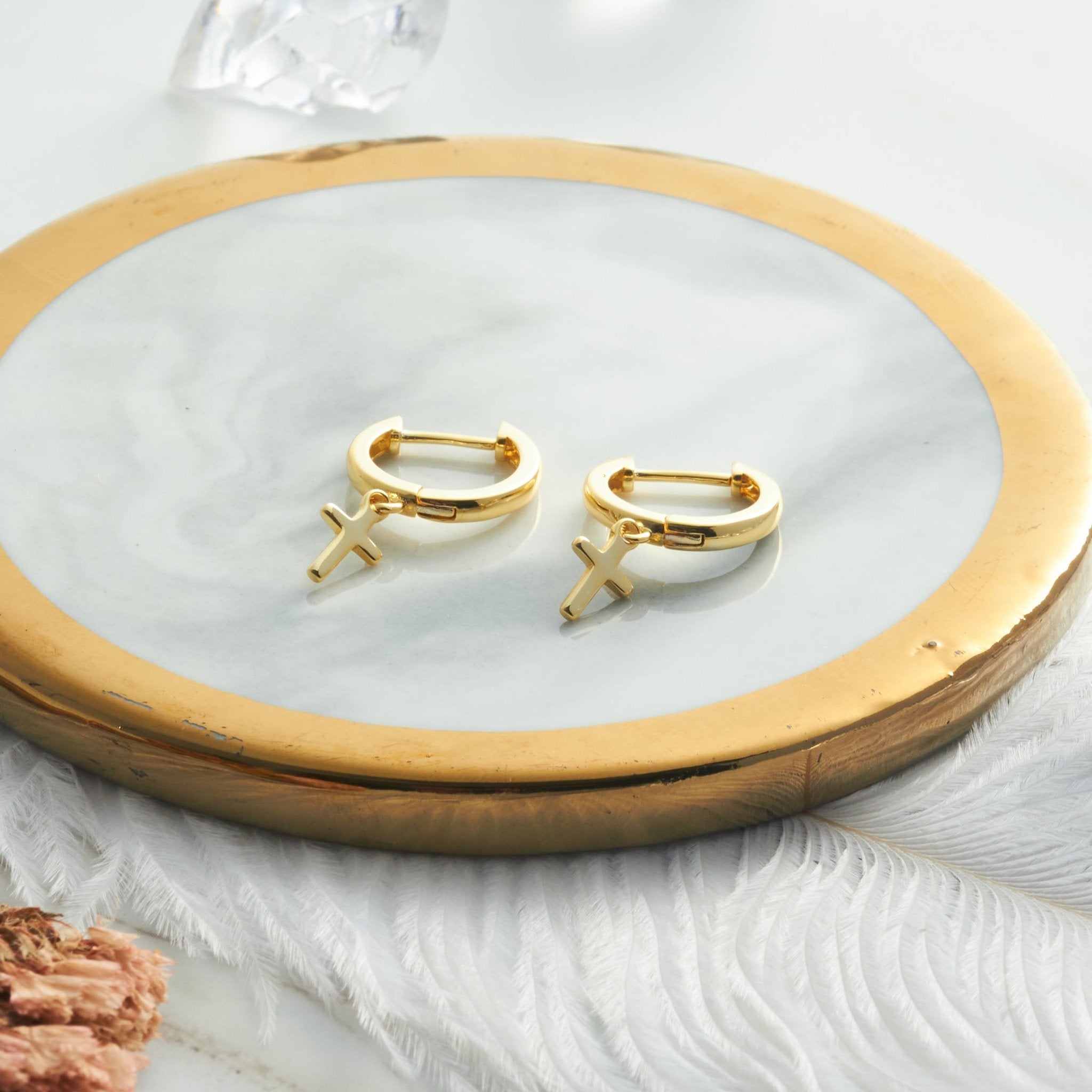 Gold Plated Cross Charm Hoop Earrings - Philip Jones Jewellery