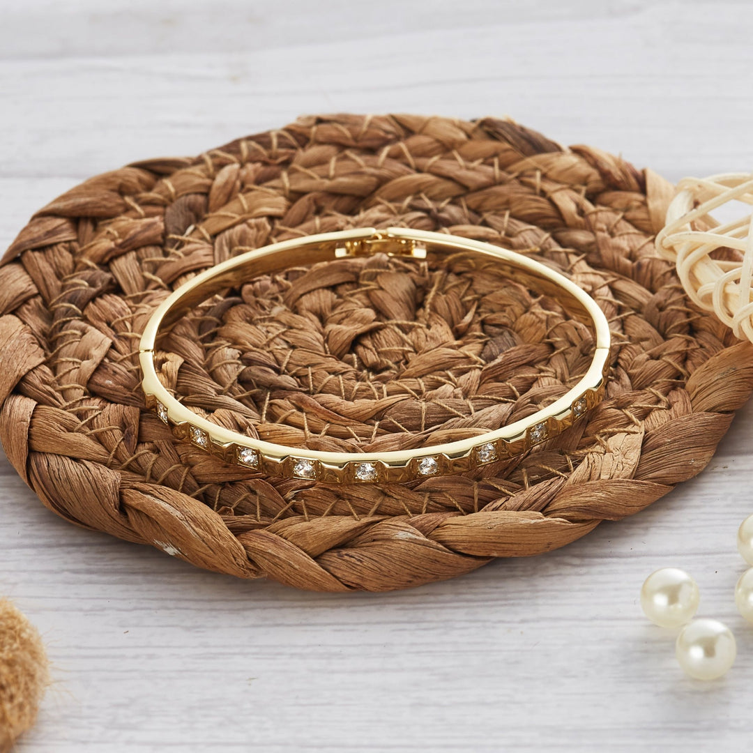 Gold Plated Cubic Bangle Created with Zircondia® Crystals (7 Inch) - Philip Jones Jewellery