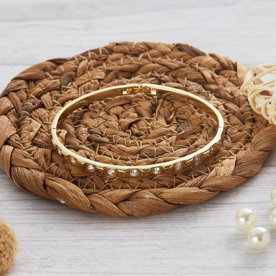Gold Plated Cubic Bangle Created with Zircondia® Crystals (7 Inch) - Philip Jones Jewellery
